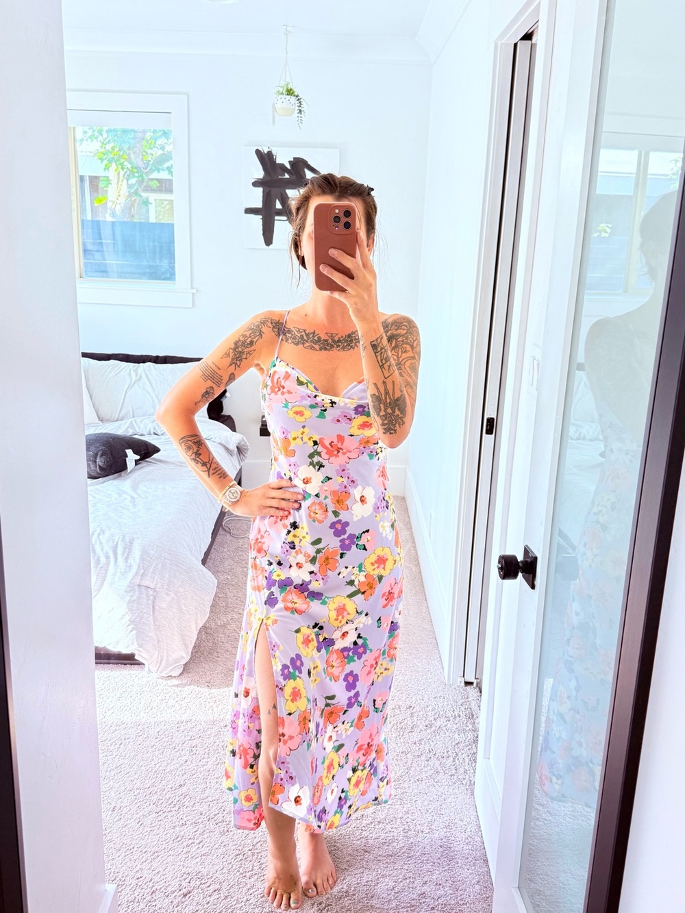 Astr Lavender Floral Slip Midi Dress with Side Slit